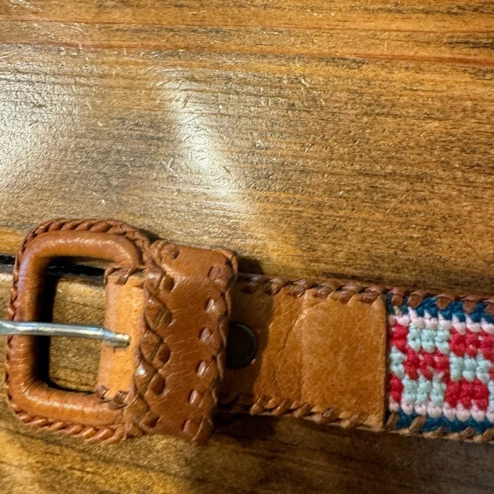Vintage Leather & Woven Multicolor Cotton Belt Size 32 Hand Tooled